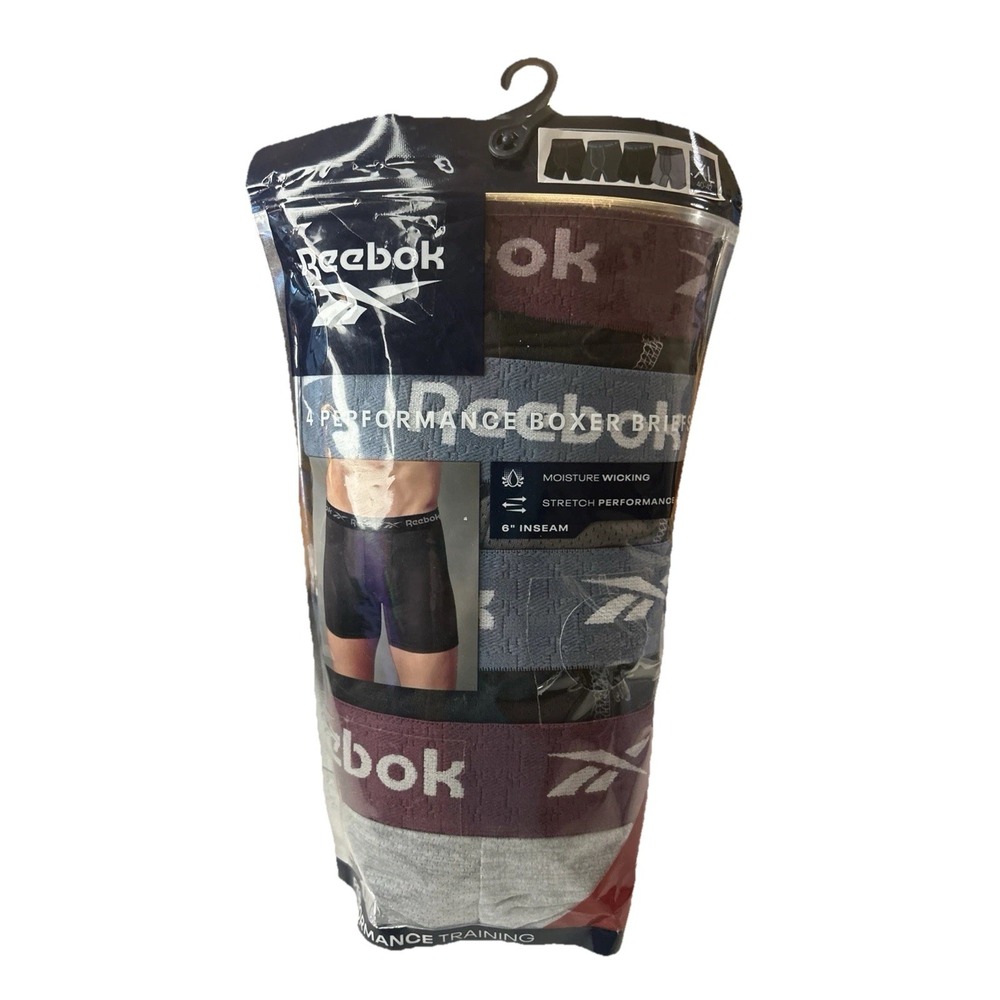 4 PAIR PKG - XL - REEBOK PERFORMANCE BOXER BRIEFS - 6" INSEAM - MOISTURE WICKING